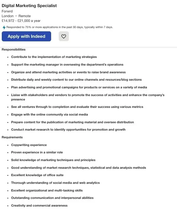 Digital Marketing Specialist 1 A digital marketing specialist job ad, taken from indeed.com