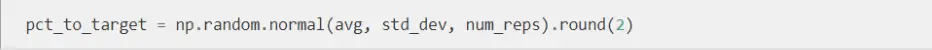 Screenshot of data analyst using NumPy to generate a list of percentages similar to our original normal distribution 