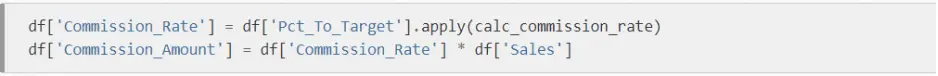 Screenshot of the data analyst using the commission rate values obtained from the previous step to calculate the commission amount.