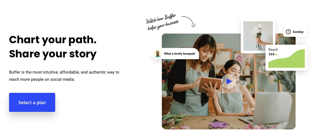 The Buffer website. Buffer is one of the most popular social media management tools.