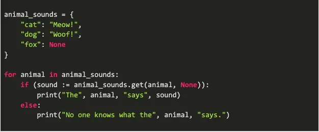 Screenshot 2021 11 16 at 12.44.51 10 lines of Python 3.8 code showing the walrus operator on the seventh line.
