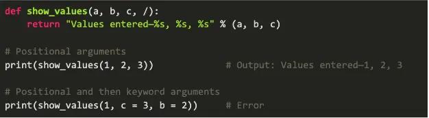 Screenshot 2021 11 16 at 12.55.38 Lines of Python 3.8 code showing how a positional-only argument works.