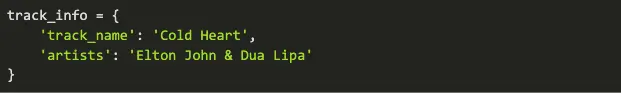 Screenshot 2021 11 16 at 13.20.50 Python code showing track information for the song Cold Heart by Elton John and Dua Lipa.