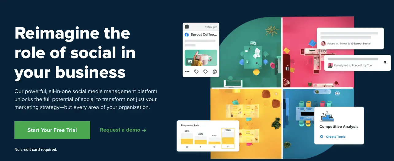 Sprout Social The website homepage for Sprout Social, a popular social media management tool