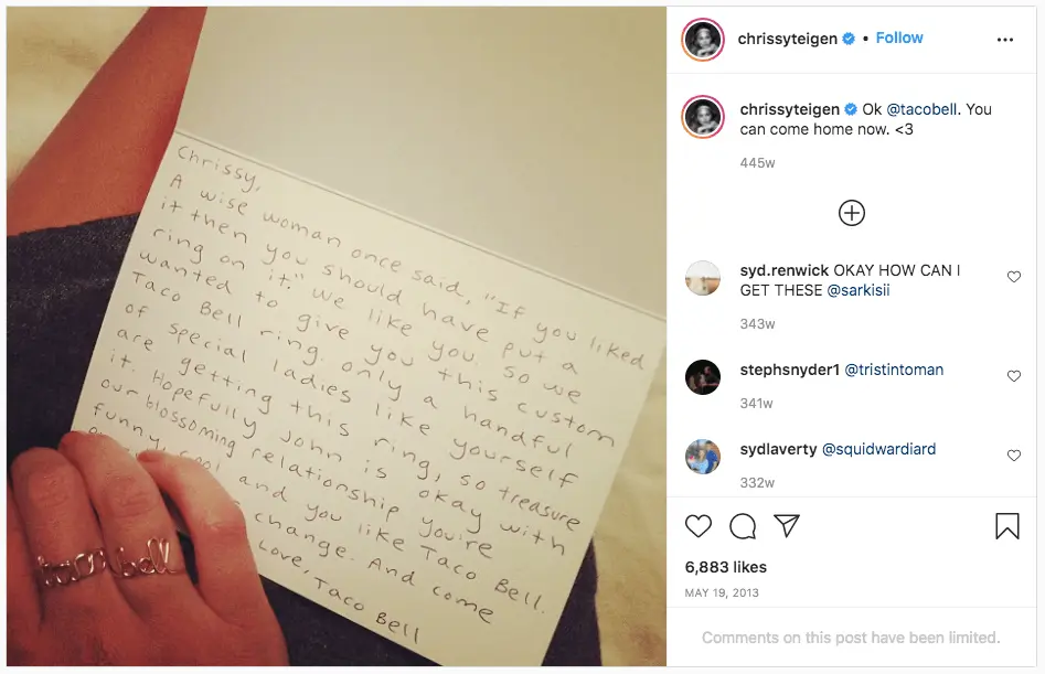 Taco Bell digital marketing strategy An Instagram post showing a card sent by Taco Bell to Chrissy Teigen as part of their digital marketing strategy