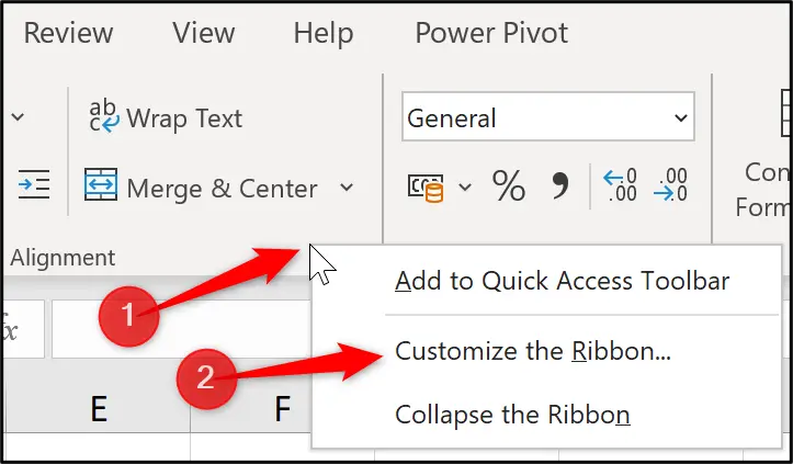 customise ribbon A menu dropdown in Excel with the option to customize the ribbon