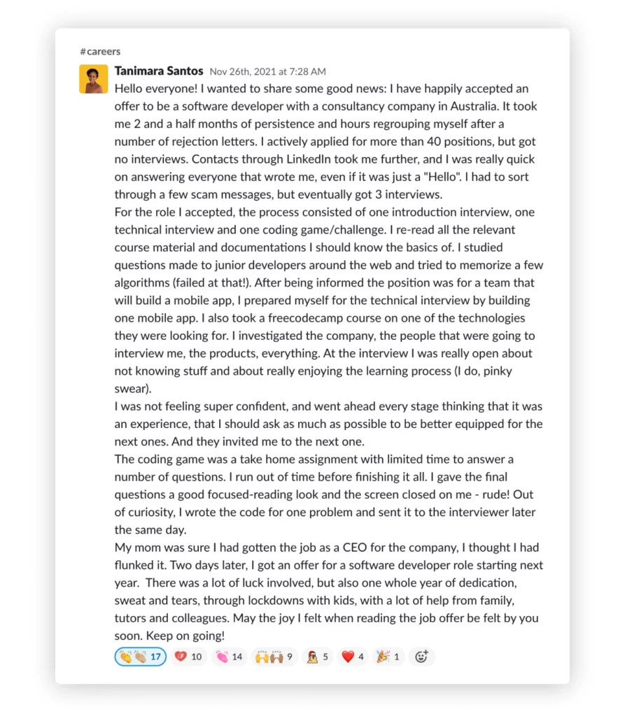 tanimara slack A Slack message from Tanimara about her career change journey