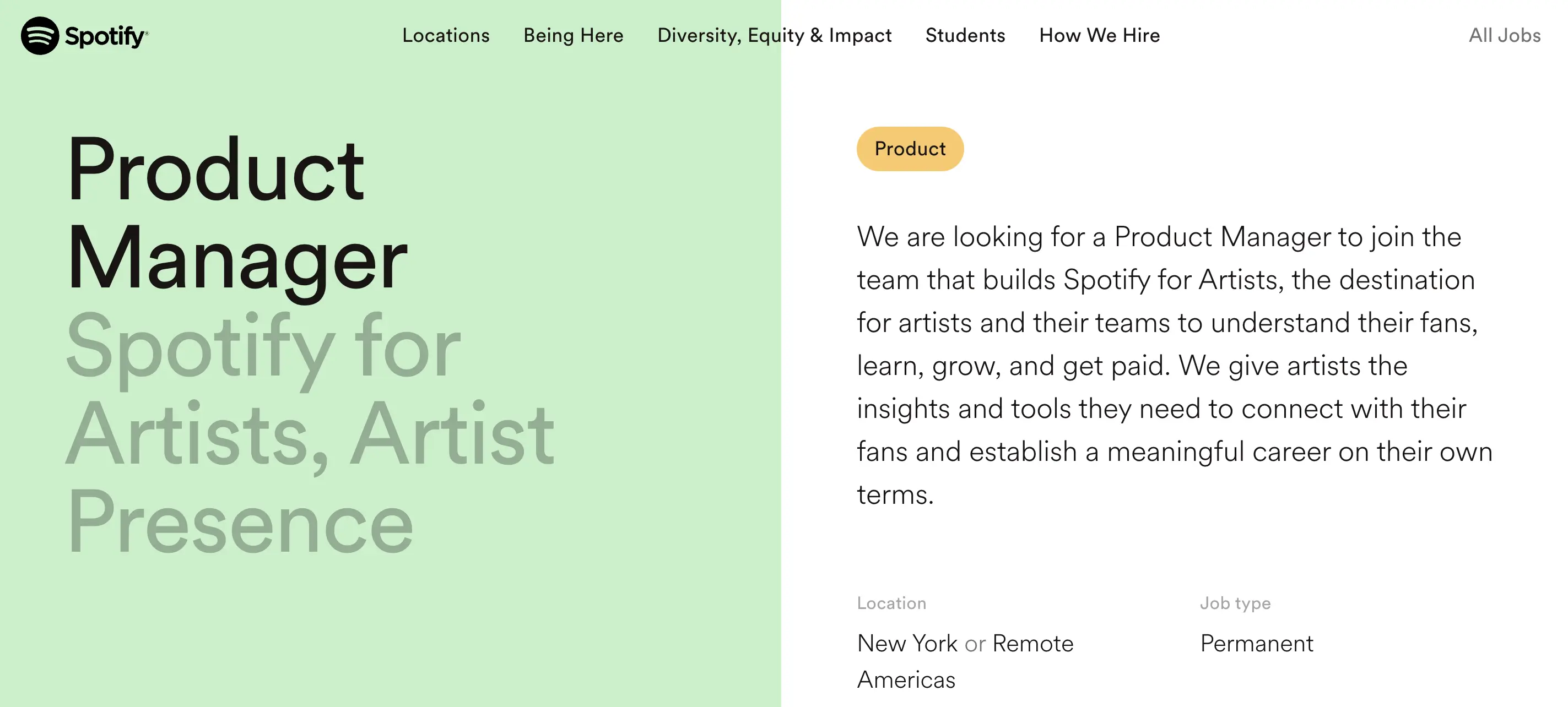 01 Product manager role at spotify Screenshot of a Product Manager role at Spotify.