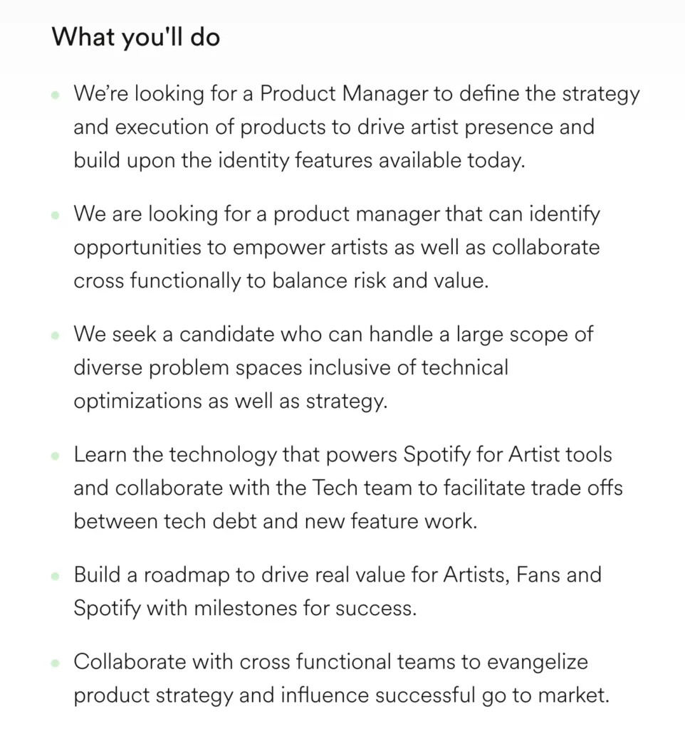 02 Product manager role at spotify tasks Screenshot of the tasks involved in the Product Manager role at Spotify.