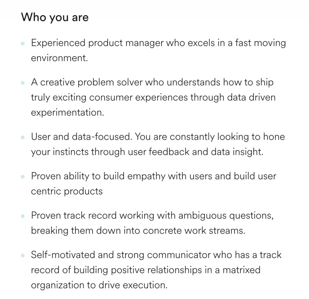 03 Product manager role spotify requirements Screenshot of the candidate description from a Product Manager role at Spotify.