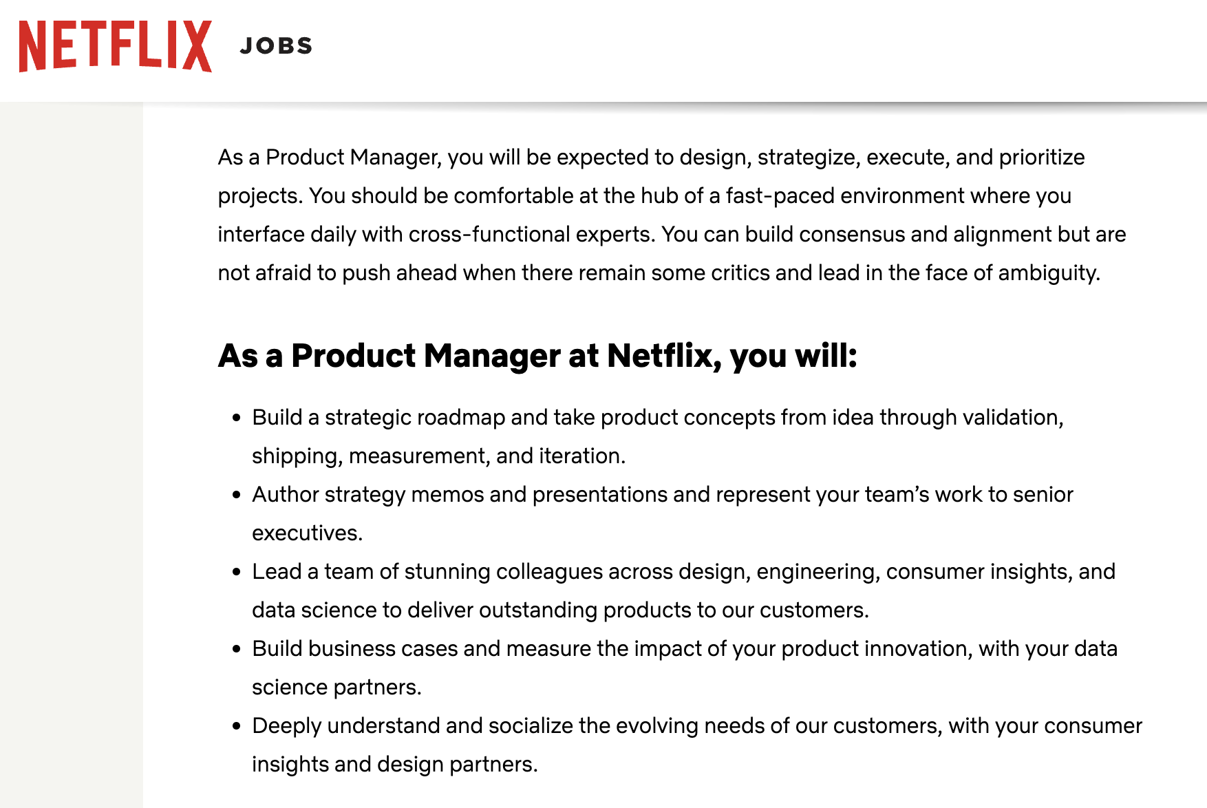 04 Product manager role at Screenshot of Product Manager job ad at Netflix.