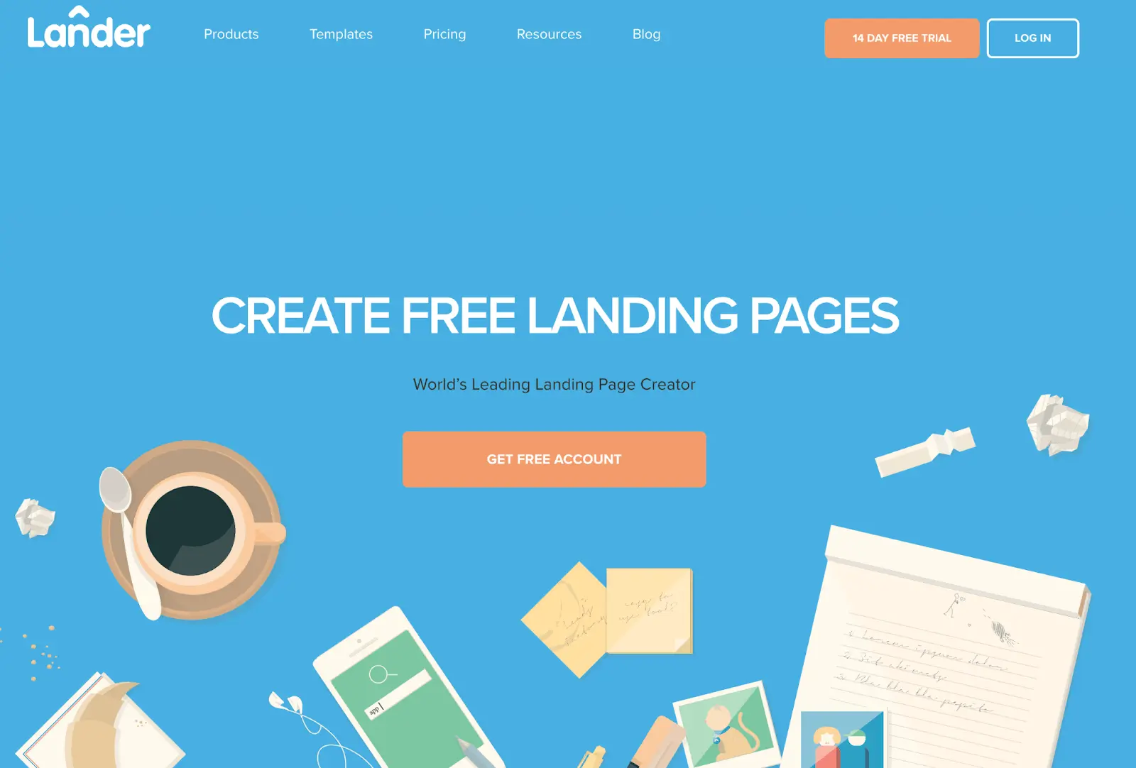 Lander Screenshot of the Lander website, showing the flat design style.