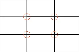 a rule of thirds grid A grid consisting of two pairs of lines, to illustrate the rule of thirds in design.