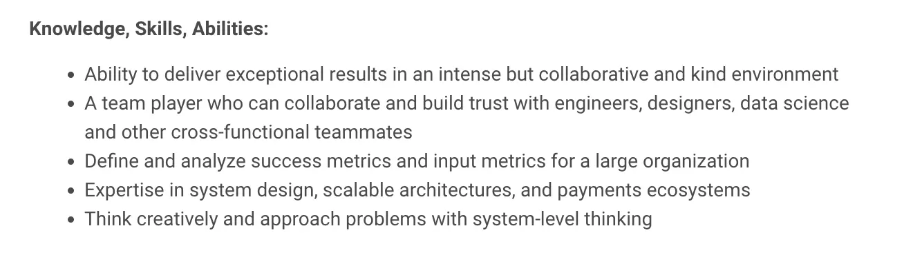 Screenshot of a list of the requirements for the product manager role at Snap inc.