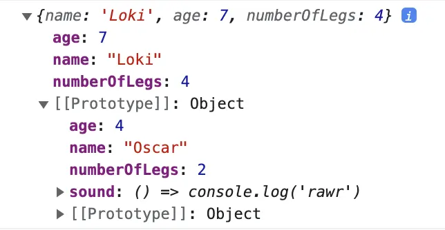 Screenshot showing how JavaScript classes would look by adding the properties of "Cat" to "Animal".