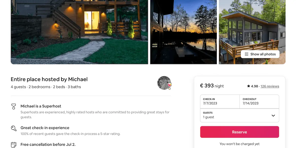 Screenshot of an AirBnB rental page.