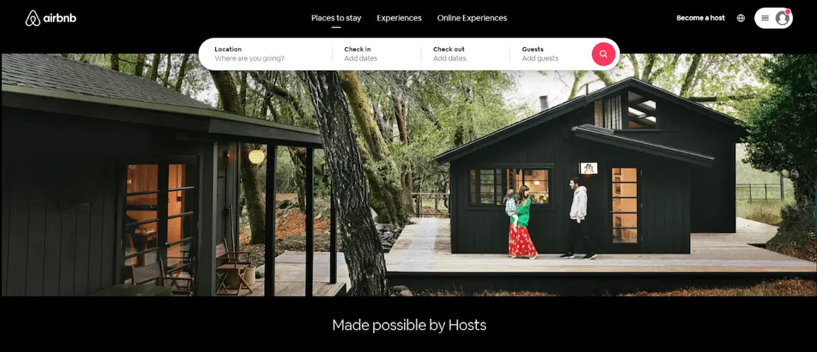 Shot of AirBnB homepage showing Fitts's Law at work.