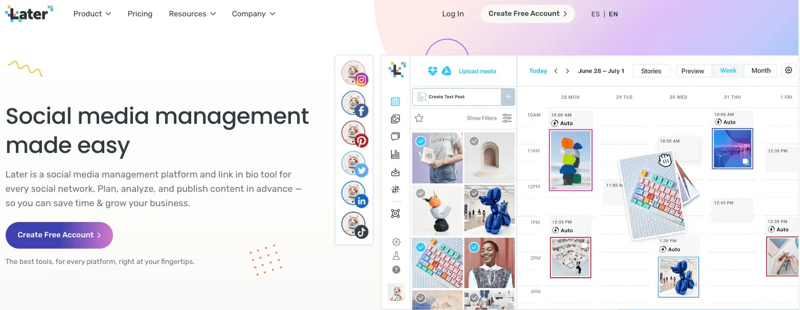 Screenshot of the Later social media tool website.