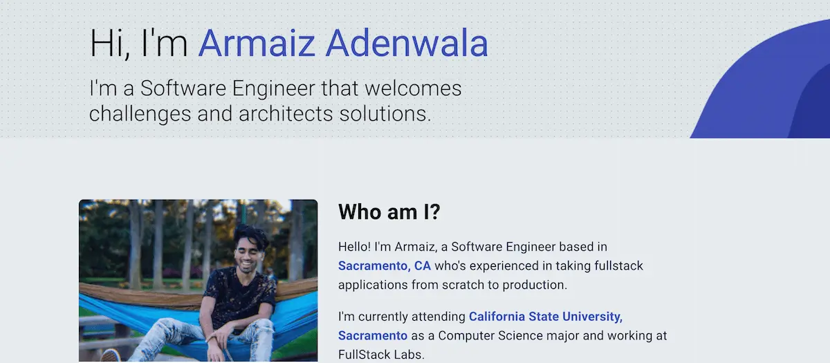 armaiz adenwala portfolio Screenshot of Armaiz Adenwala's software engineer portfolio site.