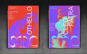 Shakespeare poster rebrand min posters for the plays Othello and Cleopatra show use of the principles of design, contrast