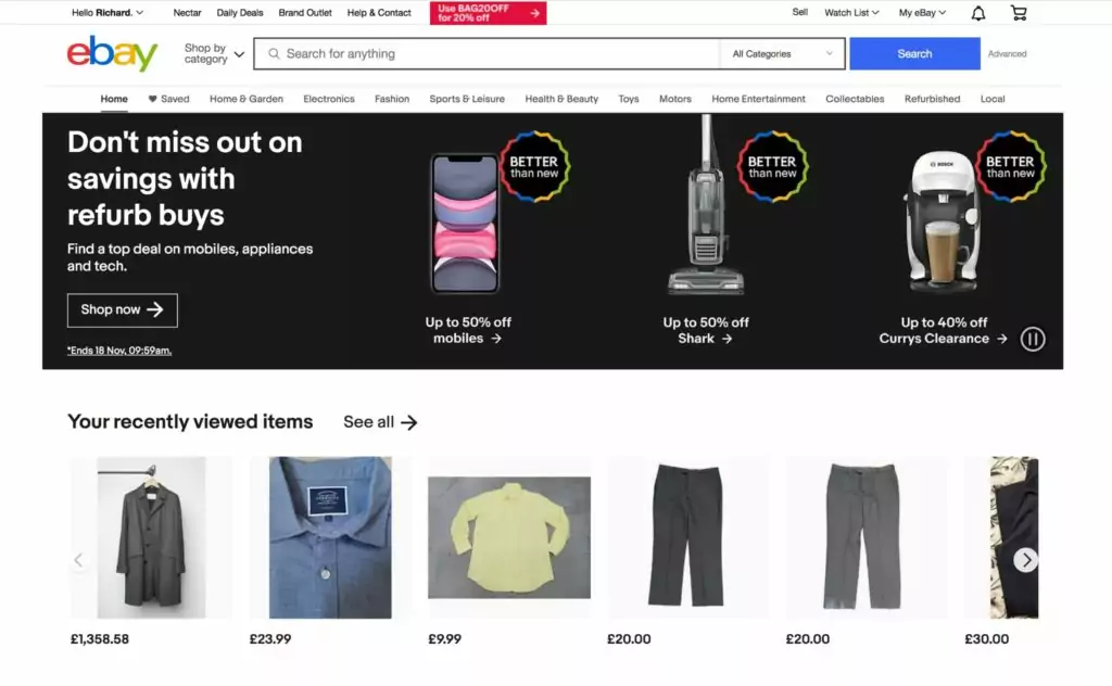 ebay homepage screenshot of the ebay website which uses UI design principles