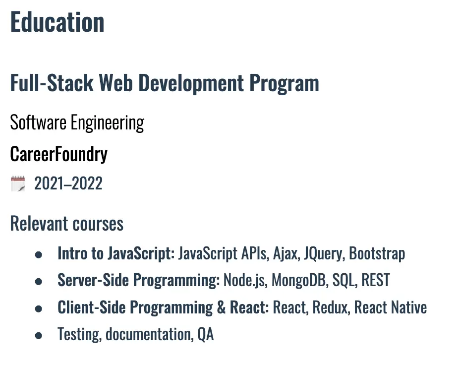Sample education section of a software engineer resume for a CareerFoundry Web Development graduate.