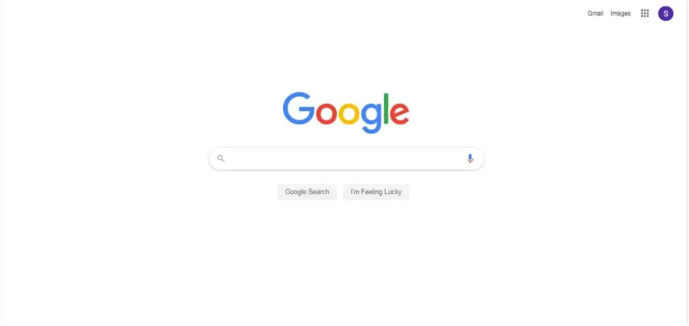 screenshot of the Google homepage, which applies keep it simple, stupid (KISS principle)