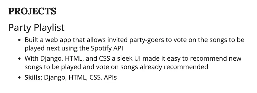 Example of the project section of a web developer resume.