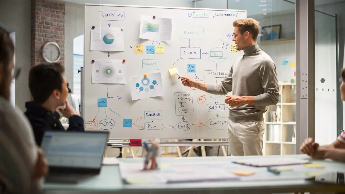 An agile product manager presents a whiteboard of charts to his team.