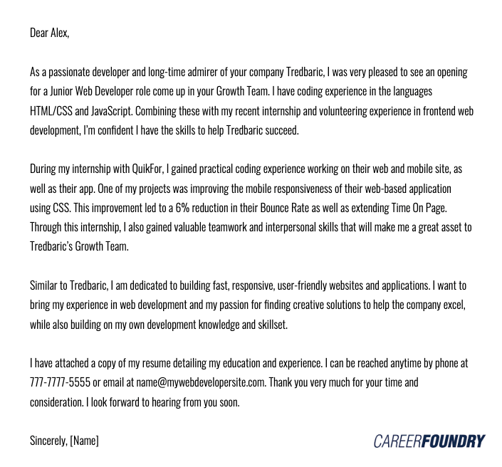 web developer cover letter An example of a web developer cover letter.