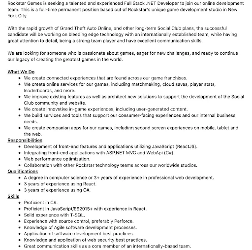 Screenshot of a job post for a software engineer job in New York for Rockstar Games.