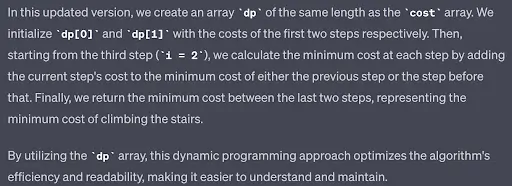 Screenshot of the ChatGPT tool's explanation of its answer to a coding prompt.