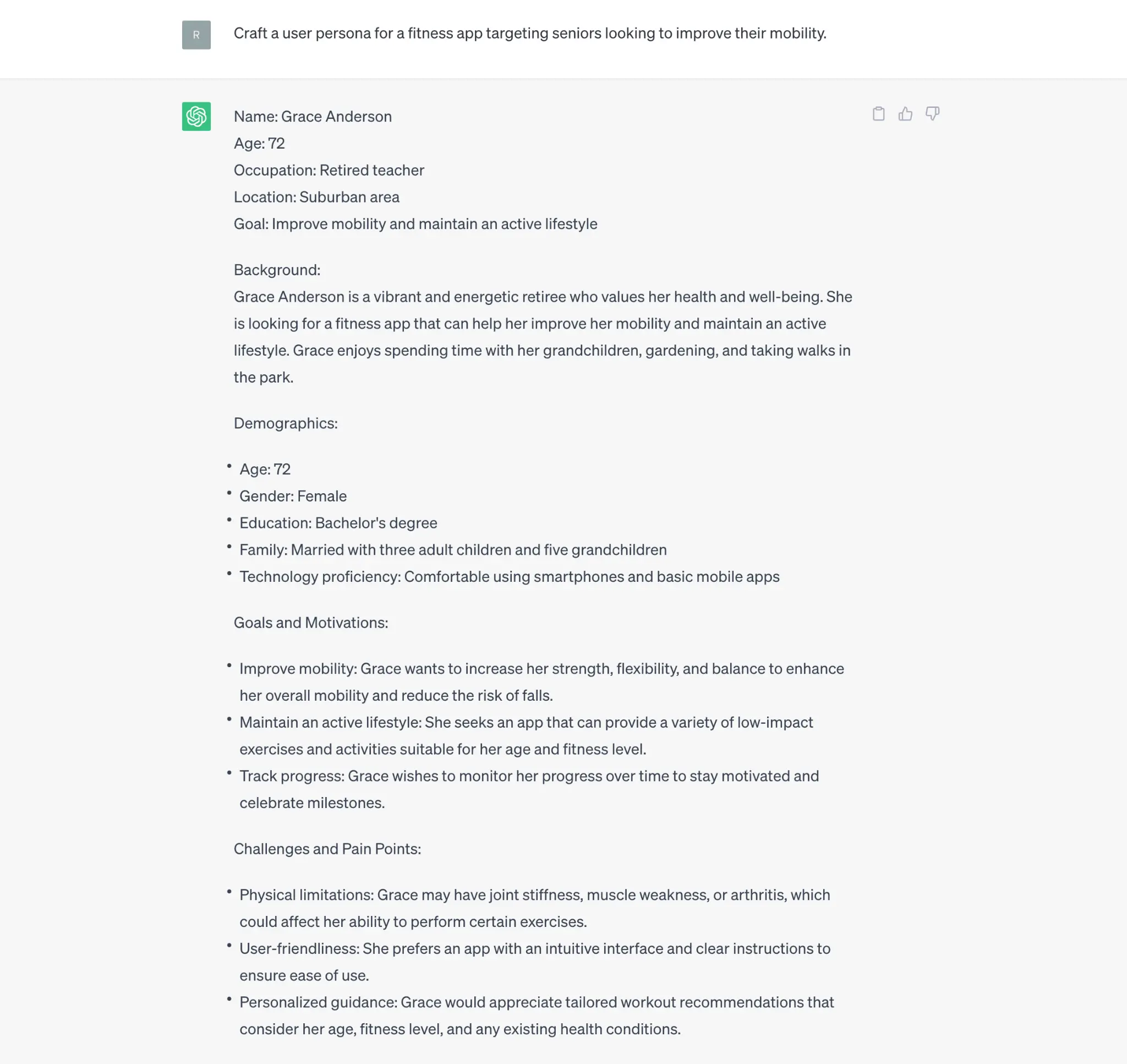 An example prompt of ChatGPT for UX design