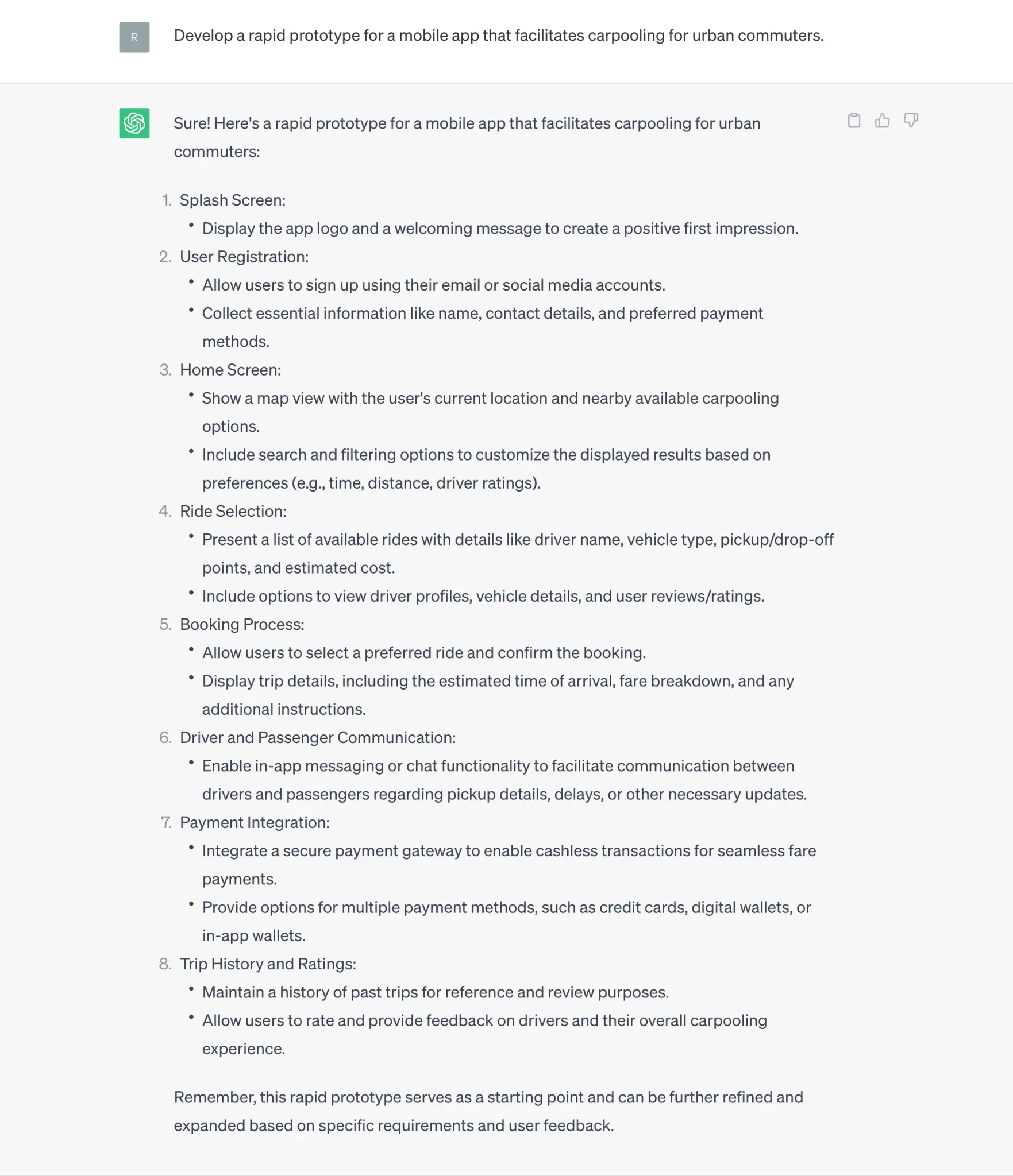 An example prompt of ChatGPT for UX design