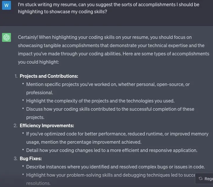 A screenshot of ChatGPT resume writing