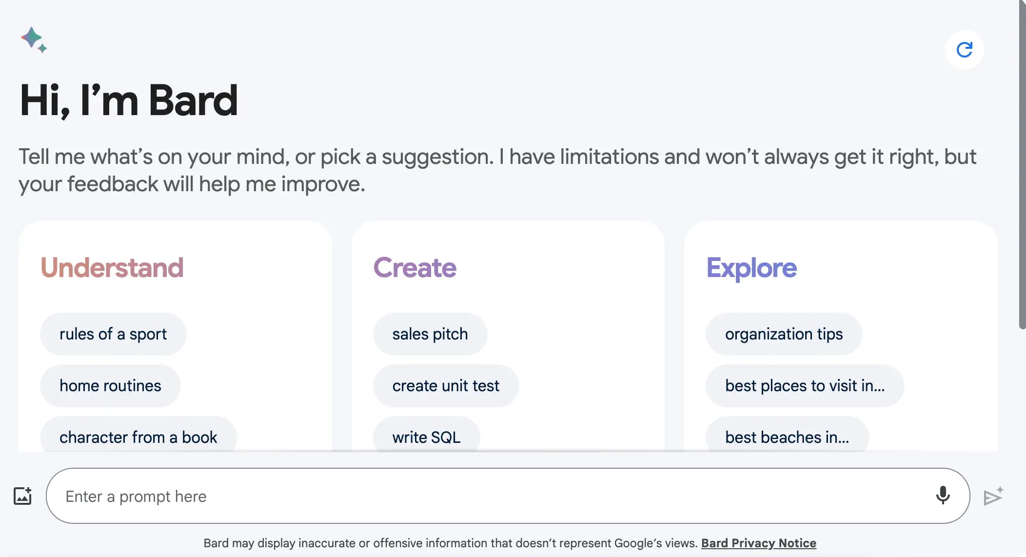Bard A screenshot of Bard's user interface
