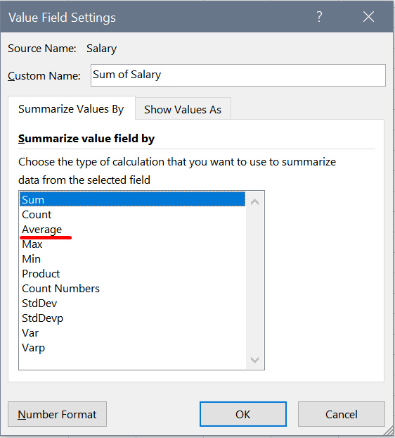 The "value field settings" window in MS Excel, used to format a pivot table The "value field settings" window in MS Excel, used to format a pivot table