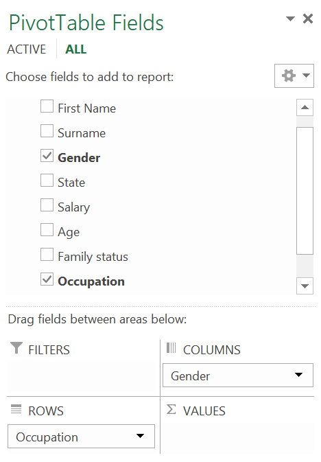 The "pivot table fields" window in MS Excel, used to create a cross table The "pivot table fields" window in MS Excel, used to create a cross table