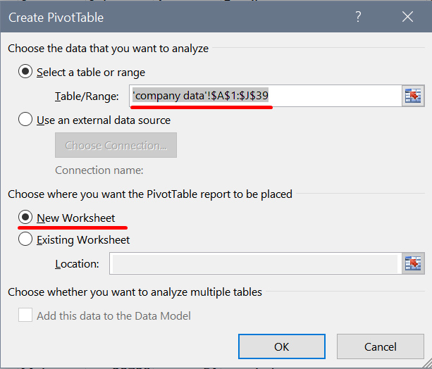 A Microsoft Excel window showing which options to select when inserting a new pivot table A Microsoft Excel window showing which options to select when inserting a new pivot table