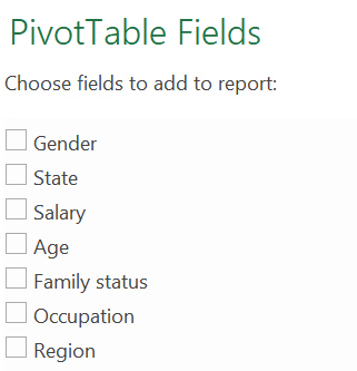 A screen grab of the "Pivot table fields" window in MS Excel A screen grab of the "Pivot table fields" window in MS Excel