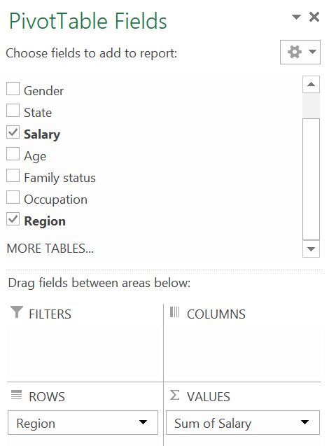 A screen grab of the "Pivot table fields" window in MS Excel, with "salary" and "region" selected A screen grab of the "Pivot table fields" window in MS Excel, with "salary" and "region" selected