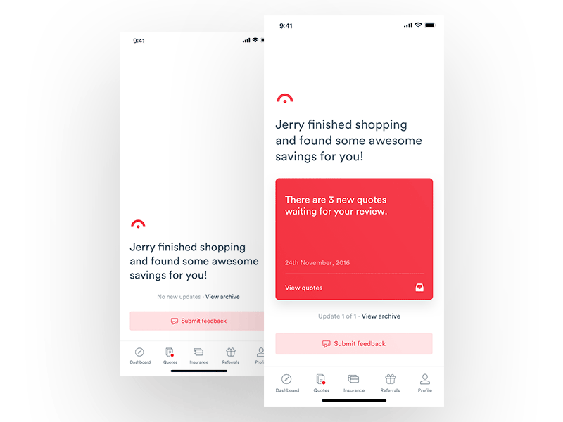 Affordances: Notifications Screens from Jerry app showing notifications