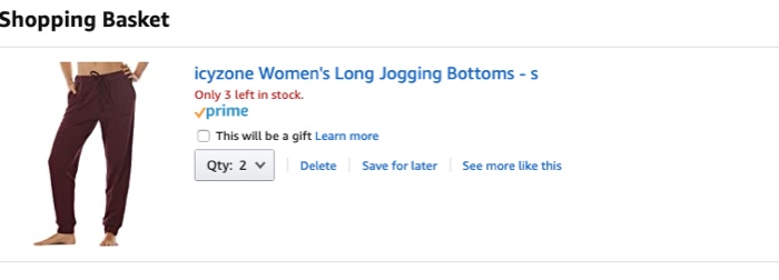 Amazon: Quantity Error Screenshot from Amazon shopping cart showing two pairs of jogging pants in the cart