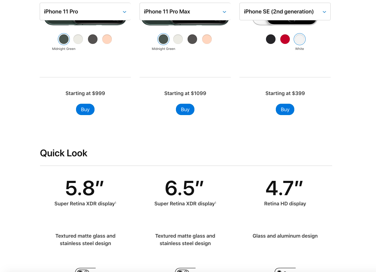 Screenshot of Apple's "compare phone models" page, scrolled down to view a quick look of the phone details