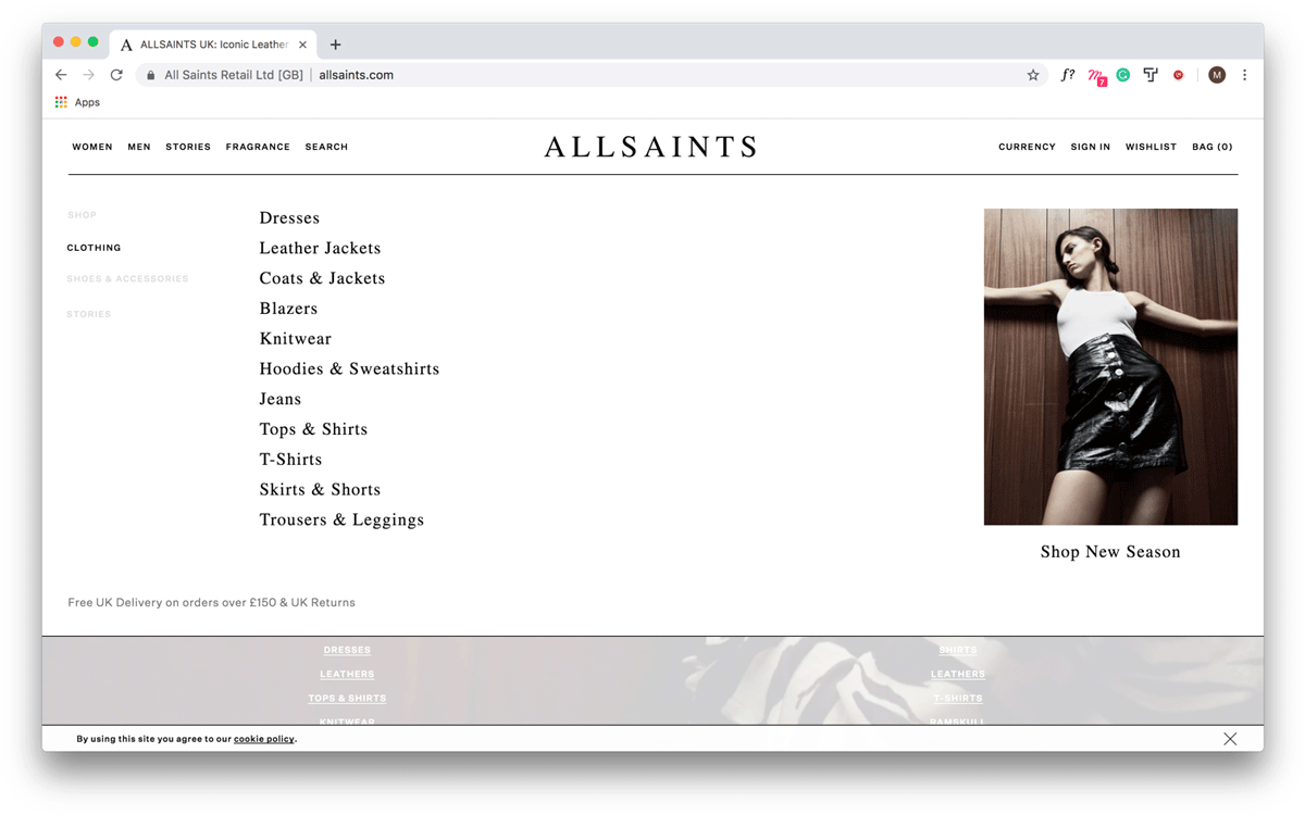 Another screen capture of the All Saints website, this time with fewer drop-down menu options Another screen capture of the All Saints website, this time with fewer drop-down menu options