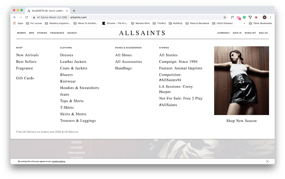 A screen capture of the All Saints website, showing lots of drop-down menu options An example of a psychology principle at work on the All Saints website, with lots of drop-down menu options