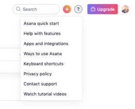 Asana Help Menu Screenshot of the top right corner of the Asana homepage, showing the help menu