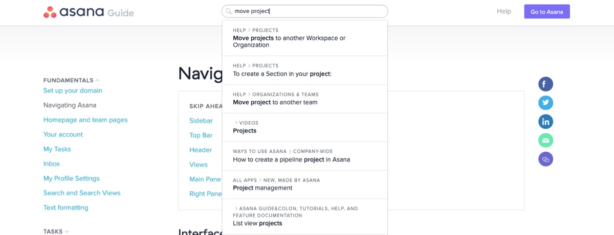 Asana Help Search Screenshot of Asana Guide homepage with "move project" typed into the search bar and a drop down selection menu of popular options based on that query