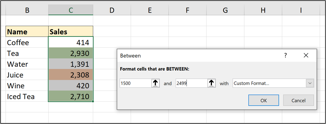 An Excel spreadsheet with two columns of data pertaining to beverage name and number of sales per beverage. In this example, the conditional formatting function is used to format values that fall between 1500 and 2499 An Excel spreadsheet with two columns of data pertaining to beverage name and number of sales per beverage. In this example, the conditional formatting function is used to format values that fall between 1500 and 2499