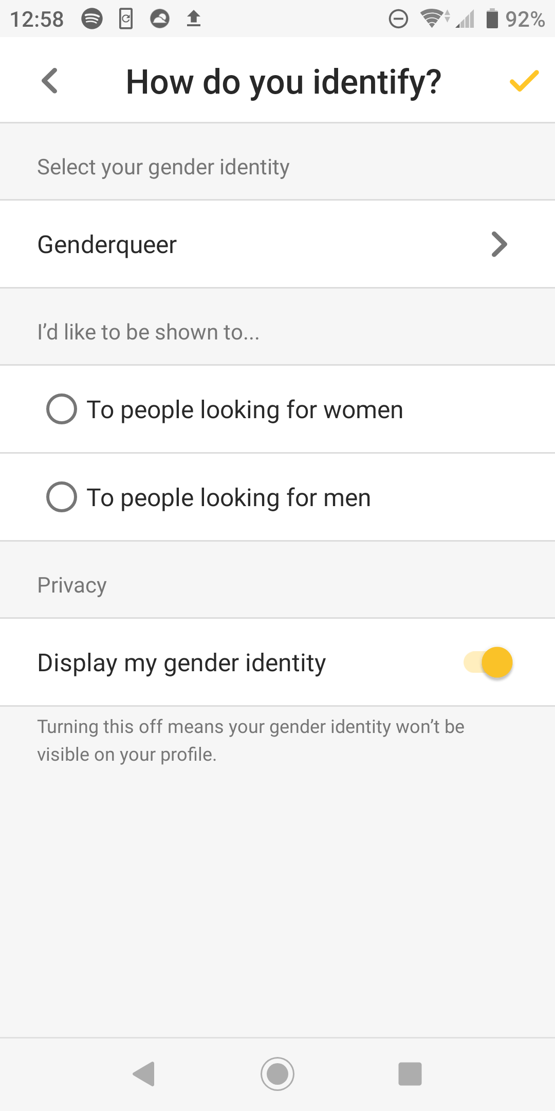 Example from Bumble The author's profile settings. Selections include "genderqueer" and "display my gender identity."